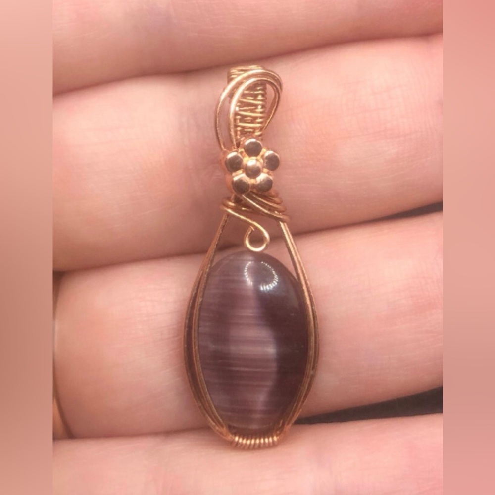 Wire Wrapped Purple Cat Eye Pendant Necklace Handmade OOAK